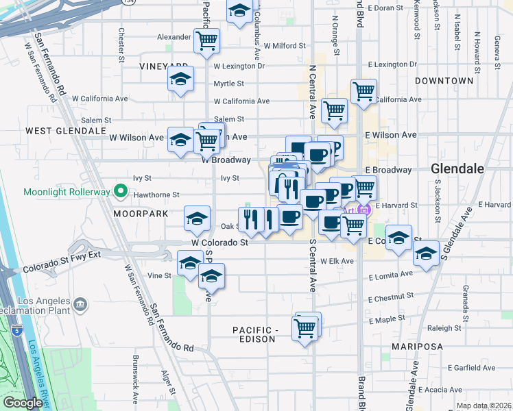 map of restaurants, bars, coffee shops, grocery stores, and more near 409 West Harvard Street in Glendale