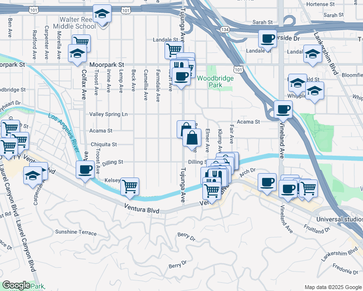 map of restaurants, bars, coffee shops, grocery stores, and more near 4170 Tujunga Avenue in Los Angeles