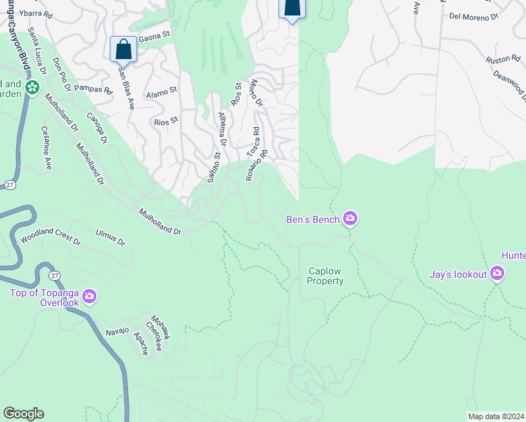 map of restaurants, bars, coffee shops, grocery stores, and more near 21015 Mulholland Drive in Los Angeles
