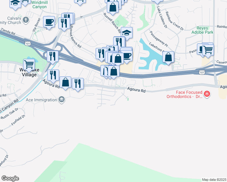 map of restaurants, bars, coffee shops, grocery stores, and more near 30949 Minute Man Way in Westlake Village