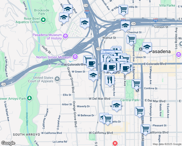 map of restaurants, bars, coffee shops, grocery stores, and more near 330 West Green Street in Pasadena