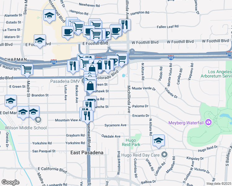 map of restaurants, bars, coffee shops, grocery stores, and more near 3846 Mohawk Street in Pasadena