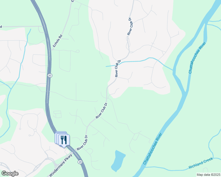 map of restaurants, bars, coffee shops, grocery stores, and more near 3642 River Club Drive in Cumming