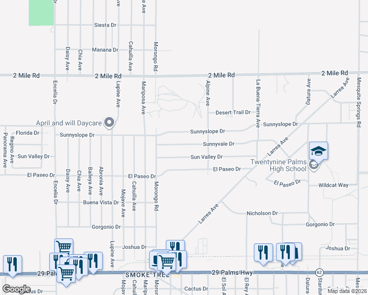 map of restaurants, bars, coffee shops, grocery stores, and more near 72211 Sunnyvale Drive in Twentynine Palms