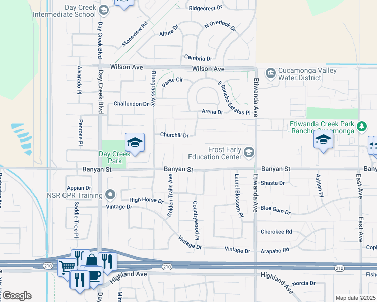 map of restaurants, bars, coffee shops, grocery stores, and more near 6041 Los Altos Court in Rancho Cucamonga