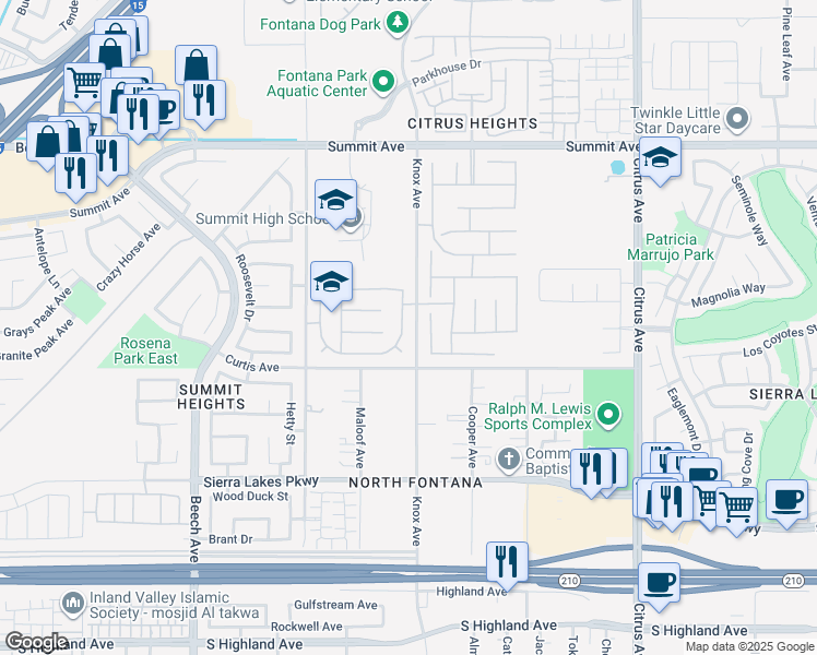 map of restaurants, bars, coffee shops, grocery stores, and more near 6029 Lily Rock Drive in Fontana