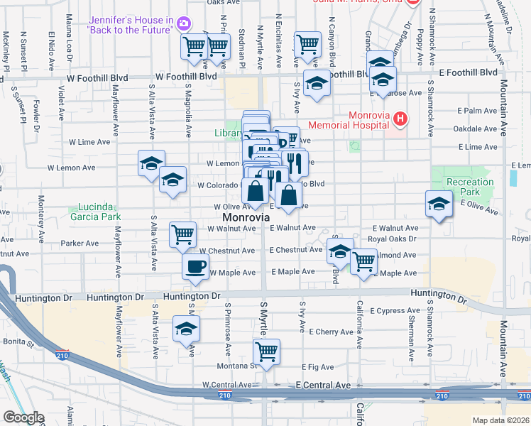 map of restaurants, bars, coffee shops, grocery stores, and more near 710 South Myrtle Avenue in Monrovia