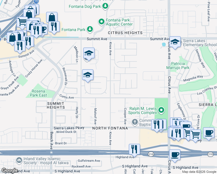 map of restaurants, bars, coffee shops, grocery stores, and more near 6029 Lily Rock Drive in Fontana