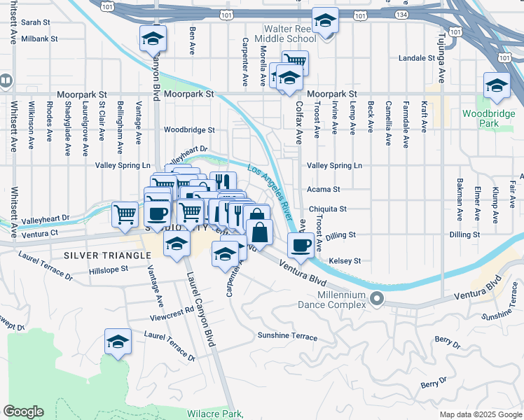 map of restaurants, bars, coffee shops, grocery stores, and more near My Three Sons Street in Los Angeles
