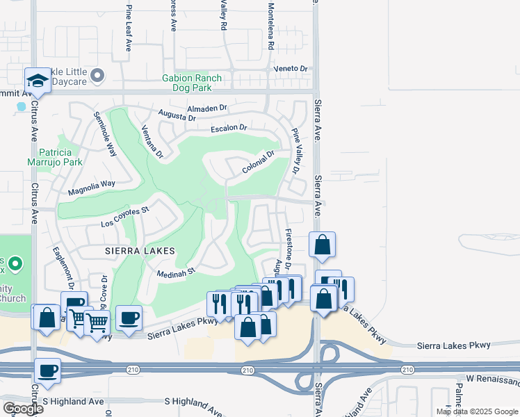 map of restaurants, bars, coffee shops, grocery stores, and more near 6027 Hilton Head Lane in Fontana