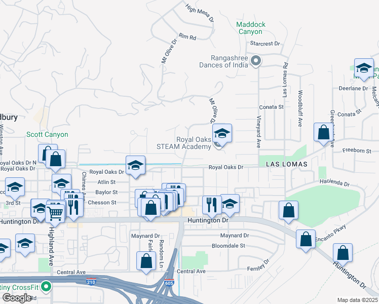 map of restaurants, bars, coffee shops, grocery stores, and more near 2304 Freeborn Street in Bradbury