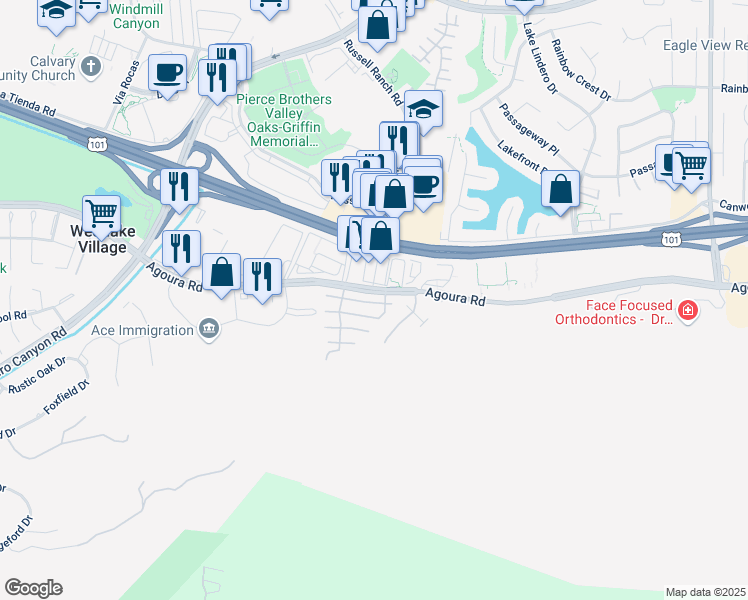 map of restaurants, bars, coffee shops, grocery stores, and more near 30949 Minute Man Way in Westlake Village