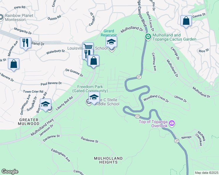 map of restaurants, bars, coffee shops, grocery stores, and more near 4201 California 27 in Topanga