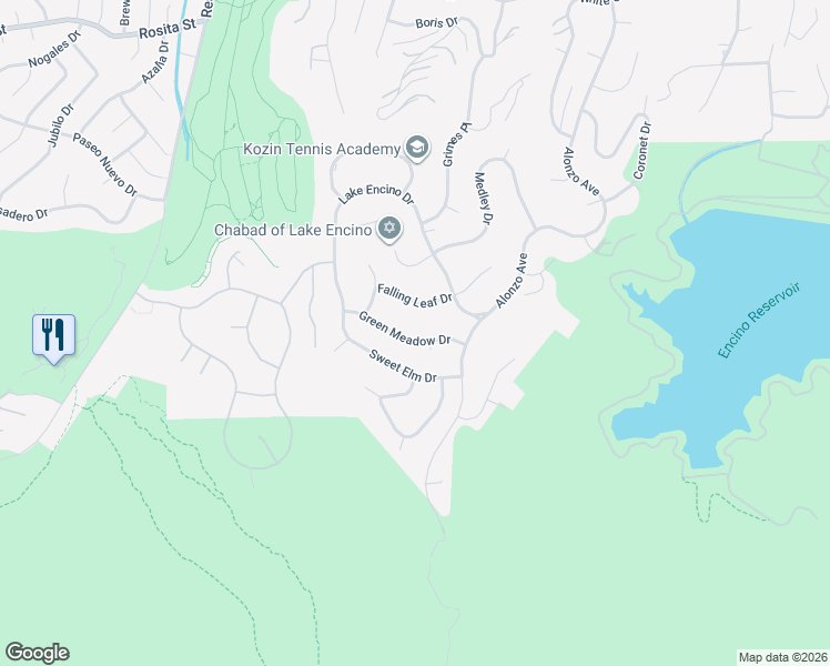 map of restaurants, bars, coffee shops, grocery stores, and more near 18123 Green Meadow Drive in Los Angeles