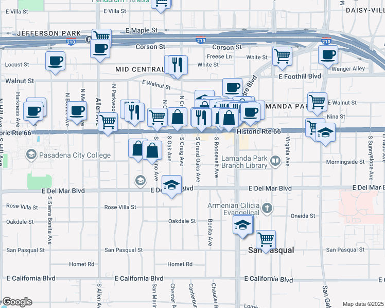 map of restaurants, bars, coffee shops, grocery stores, and more near 83 South Grand Oaks Avenue in Pasadena