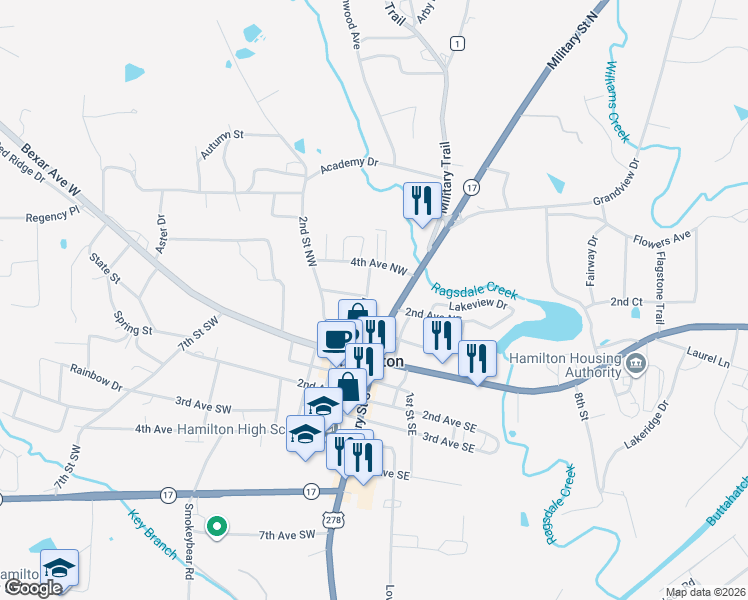 map of restaurants, bars, coffee shops, grocery stores, and more near 246 1st Street Northwest in Hamilton