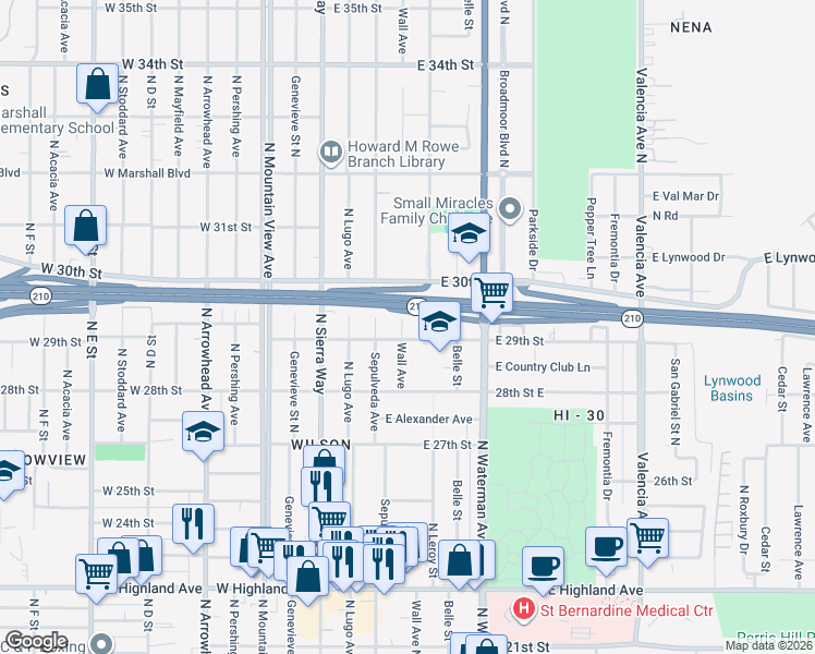 map of restaurants, bars, coffee shops, grocery stores, and more near 2924 Wall Avenue in San Bernardino