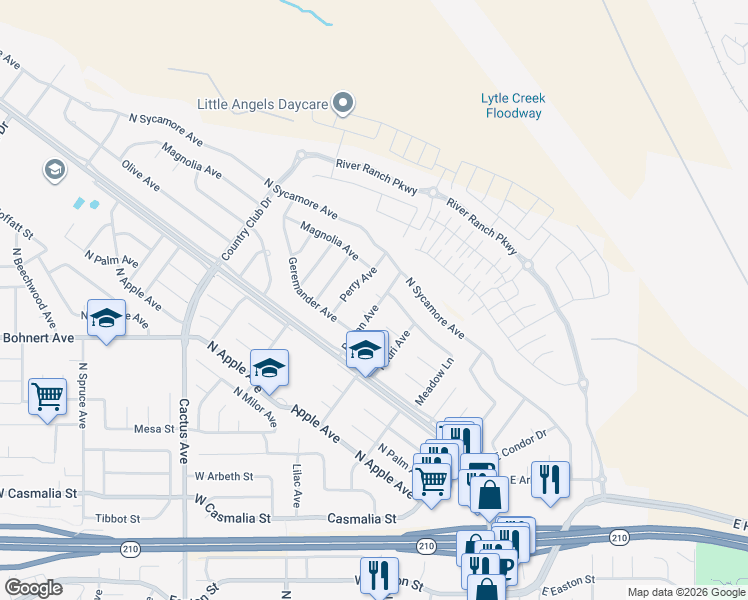 map of restaurants, bars, coffee shops, grocery stores, and more near 19693 Rowan Avenue in Rialto