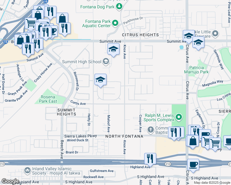 map of restaurants, bars, coffee shops, grocery stores, and more near 15640 Morgan Hill Court in Fontana