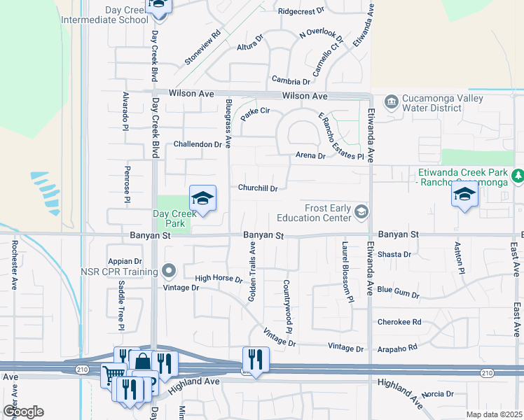 map of restaurants, bars, coffee shops, grocery stores, and more near 6041 Los Altos Court in Rancho Cucamonga