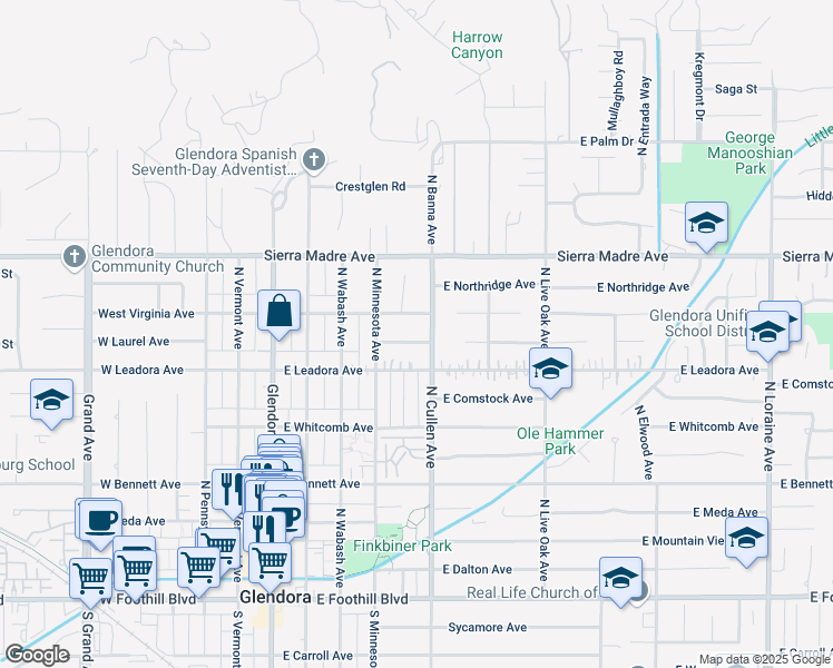 map of restaurants, bars, coffee shops, grocery stores, and more near 459 East Laurel Avenue in Glendora
