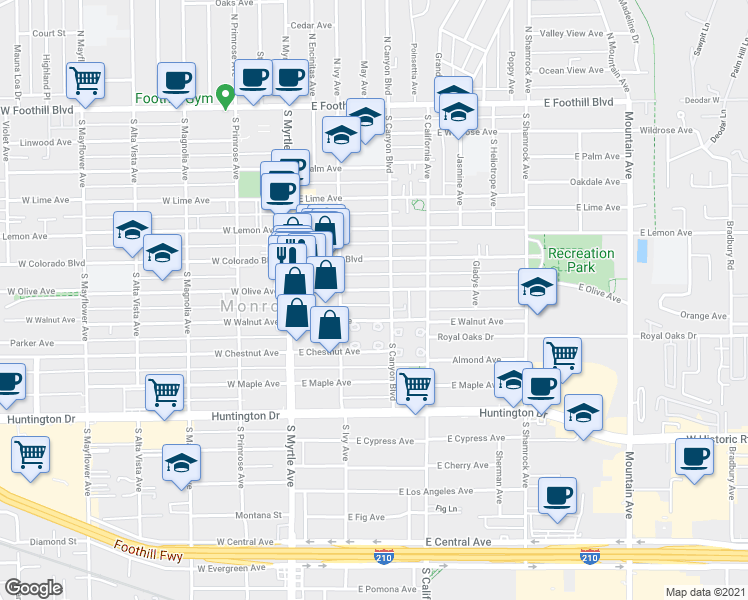 map of restaurants, bars, coffee shops, grocery stores, and more near 228 East Olive Avenue in Monrovia