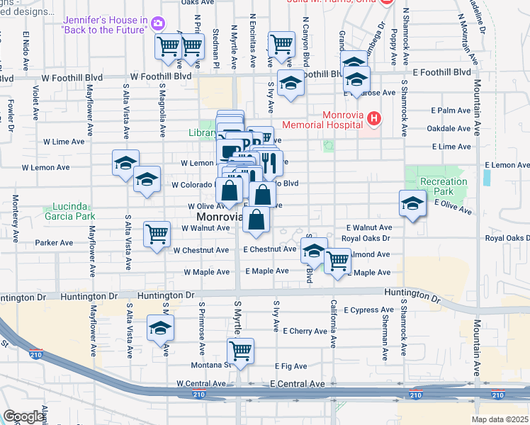 map of restaurants, bars, coffee shops, grocery stores, and more near 130 East Walnut Avenue in Monrovia