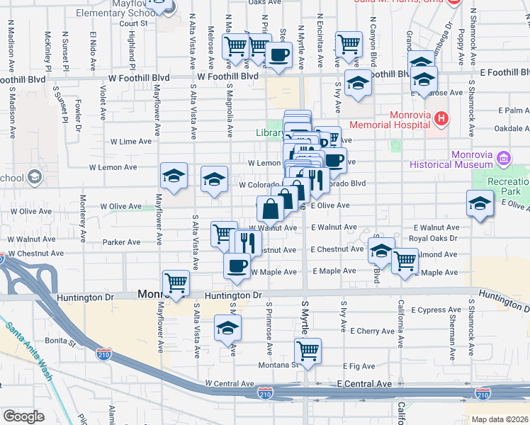map of restaurants, bars, coffee shops, grocery stores, and more near 206 West Olive Avenue in Monrovia