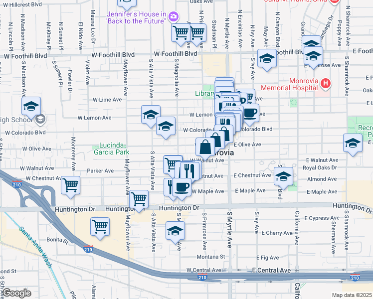 map of restaurants, bars, coffee shops, grocery stores, and more near 704 South Magnolia Avenue in Monrovia
