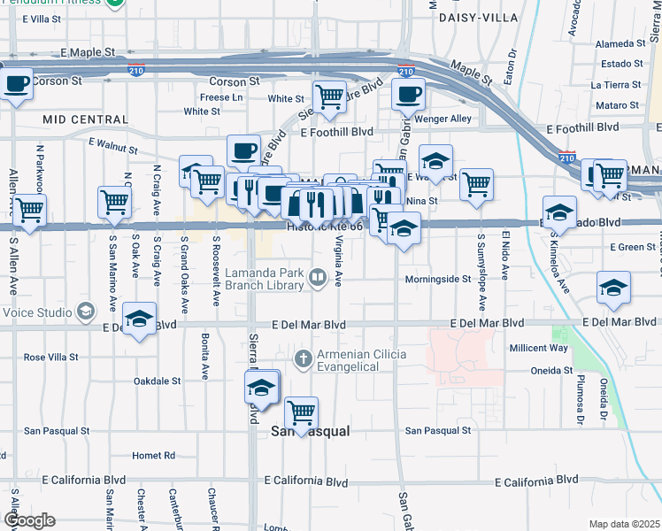 map of restaurants, bars, coffee shops, grocery stores, and more near 79 Virginia Avenue in Pasadena
