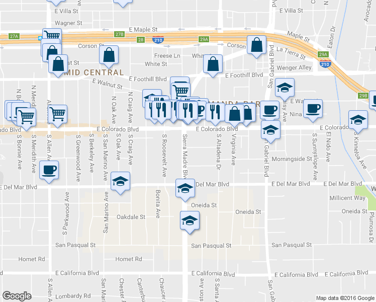 map of restaurants, bars, coffee shops, grocery stores, and more near 2396 Mohawk Street in Pasadena