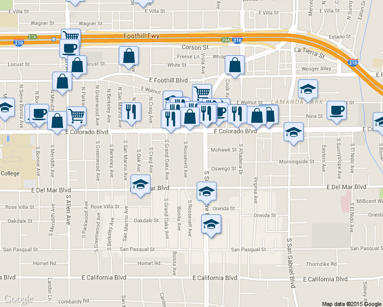 map of restaurants, bars, coffee shops, grocery stores, and more near 90 South Roosevelt Avenue in Pasadena