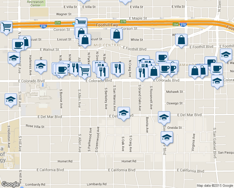 map of restaurants, bars, coffee shops, grocery stores, and more near 83 South San Marino Avenue in Pasadena