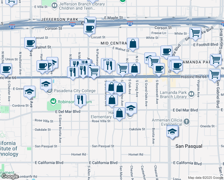 map of restaurants, bars, coffee shops, grocery stores, and more near 95 South Berkeley Avenue in Pasadena