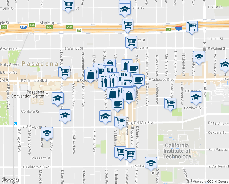 map of restaurants, bars, coffee shops, grocery stores, and more near 790 East Green Street in Pasadena