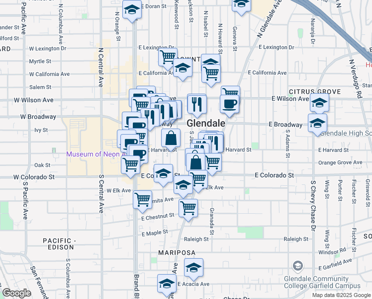 map of restaurants, bars, coffee shops, grocery stores, and more near 409 East Harvard Street in Glendale