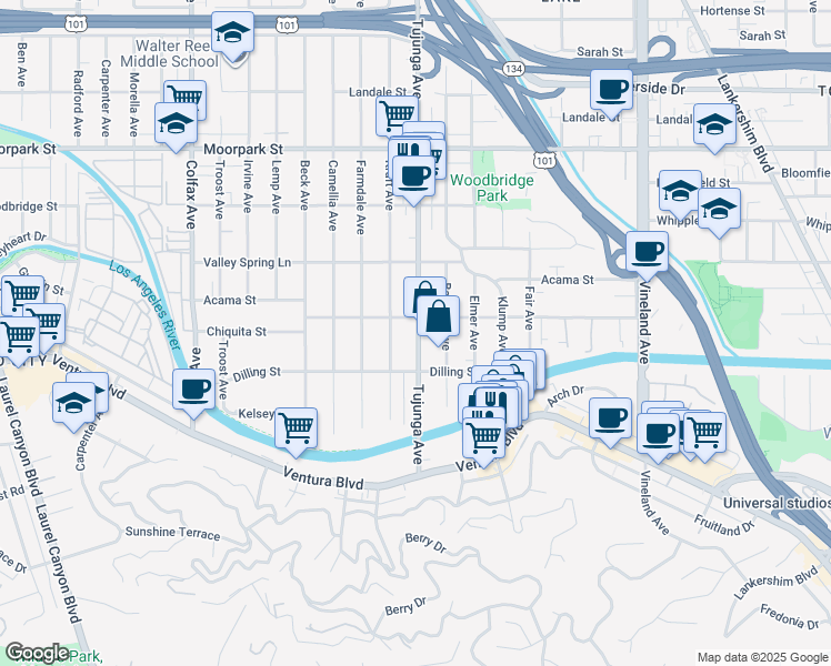 map of restaurants, bars, coffee shops, grocery stores, and more near 4170 Tujunga Avenue in Los Angeles
