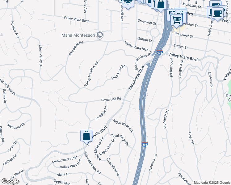 map of restaurants, bars, coffee shops, grocery stores, and more near 15640 Vandorf Place in Los Angeles