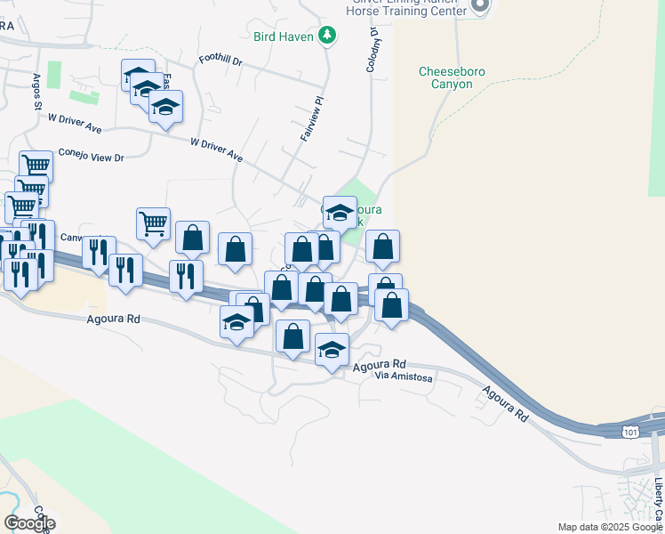 map of restaurants, bars, coffee shops, grocery stores, and more near 5217 Chesebro Road in Agoura Hills
