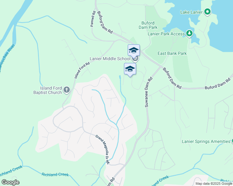 map of restaurants, bars, coffee shops, grocery stores, and more near 7100 River Island Circle in Buford