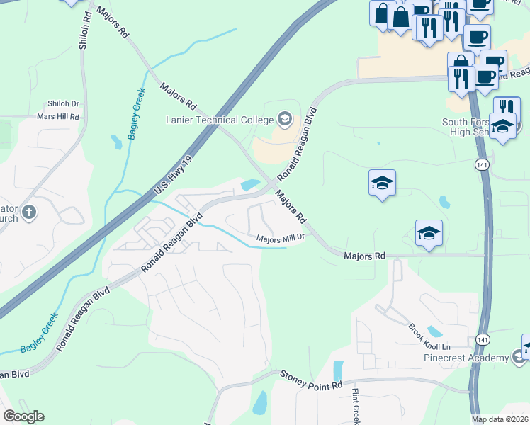 map of restaurants, bars, coffee shops, grocery stores, and more near 8240 Scuffle Bridge Lane in Cumming