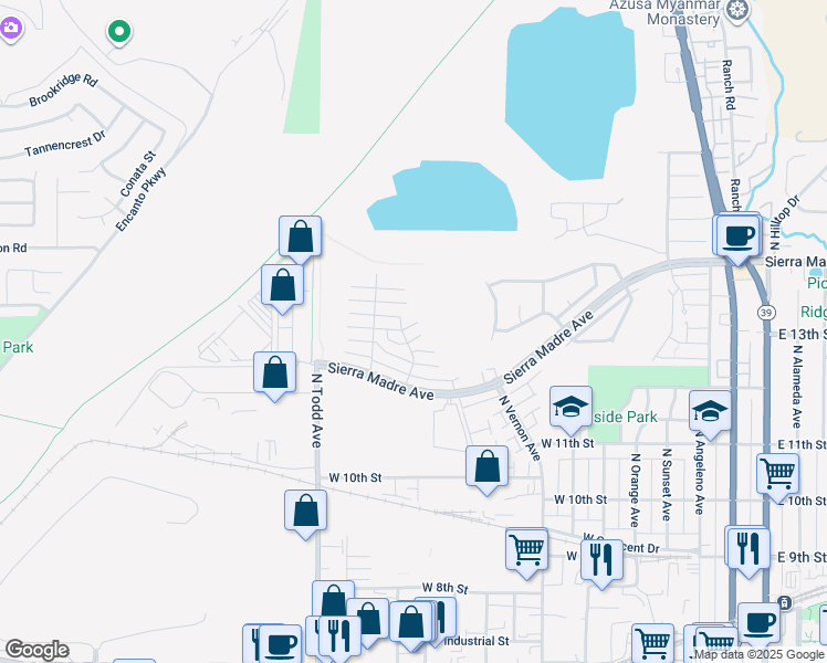 map of restaurants, bars, coffee shops, grocery stores, and more near 975 West Calle De Cielo in Azusa