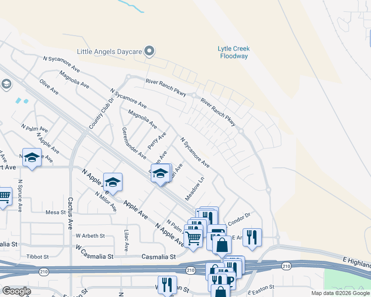map of restaurants, bars, coffee shops, grocery stores, and more near 5988 North Sycamore Avenue in Rialto