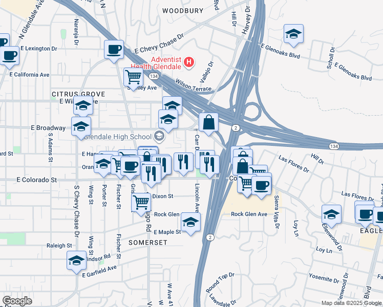 map of restaurants, bars, coffee shops, grocery stores, and more near 1527 East Harvard Street in Glendale