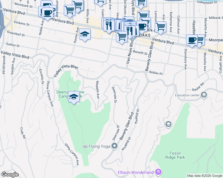 map of restaurants, bars, coffee shops, grocery stores, and more near 4025 Deervale Drive in Los Angeles