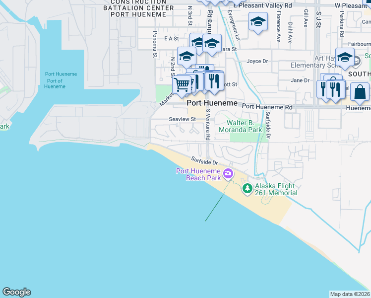 map of restaurants, bars, coffee shops, grocery stores, and more near 258 East Surfside Drive in Port Hueneme