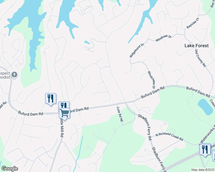map of restaurants, bars, coffee shops, grocery stores, and more near 5805 Lake Windsor Parkway in Buford