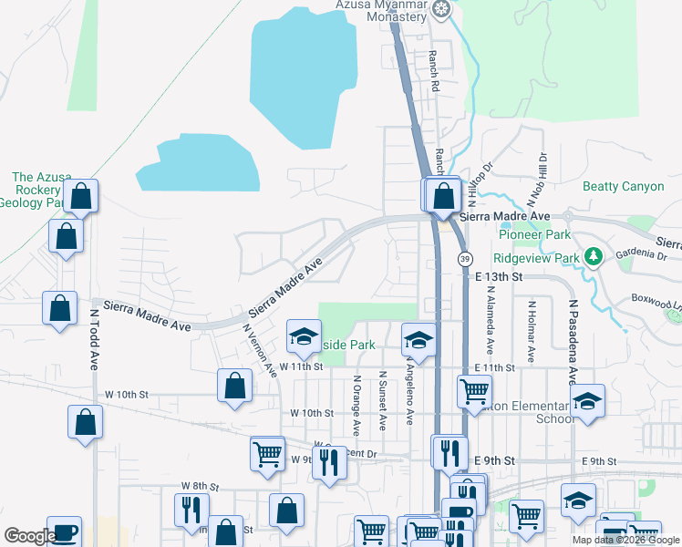 map of restaurants, bars, coffee shops, grocery stores, and more near 591 West Point O Woods Drive in Azusa