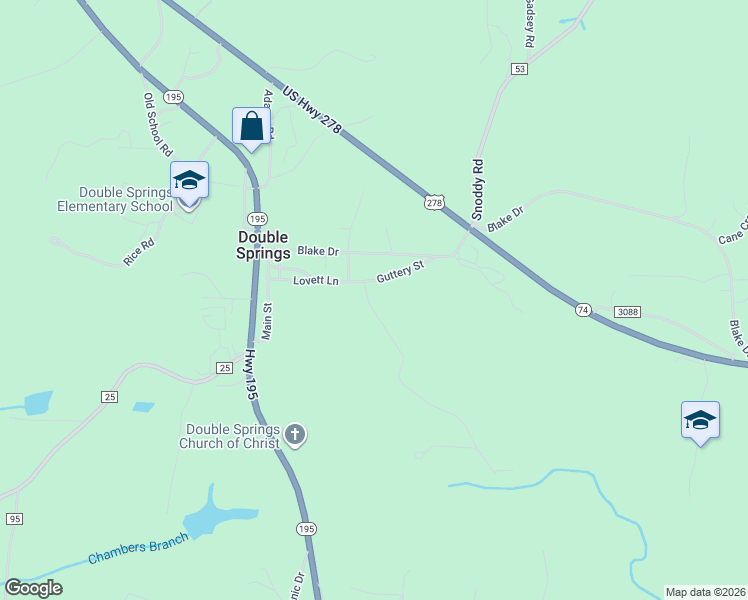 map of restaurants, bars, coffee shops, grocery stores, and more near 43 Tingle Road in Double Springs