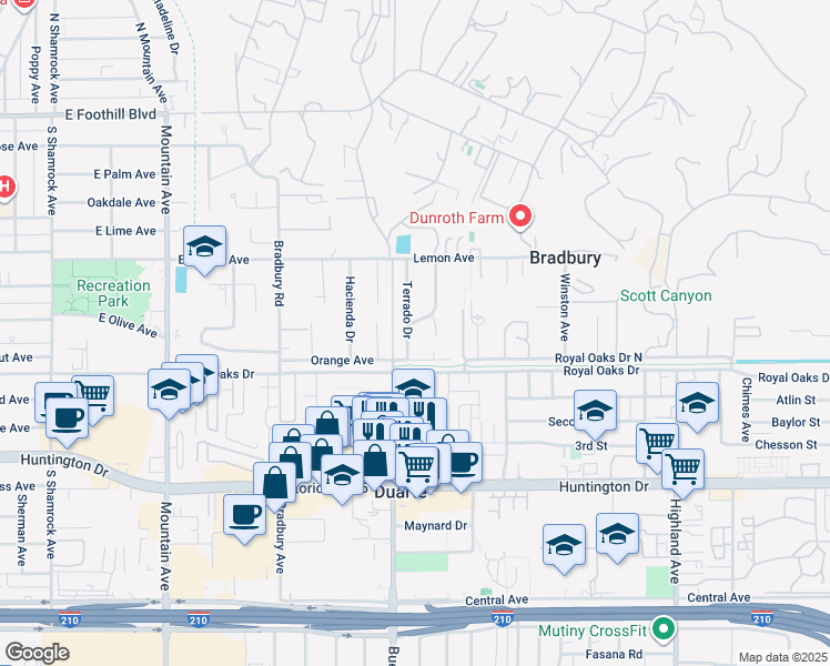 map of restaurants, bars, coffee shops, grocery stores, and more near 620 Terrado Drive in Monrovia
